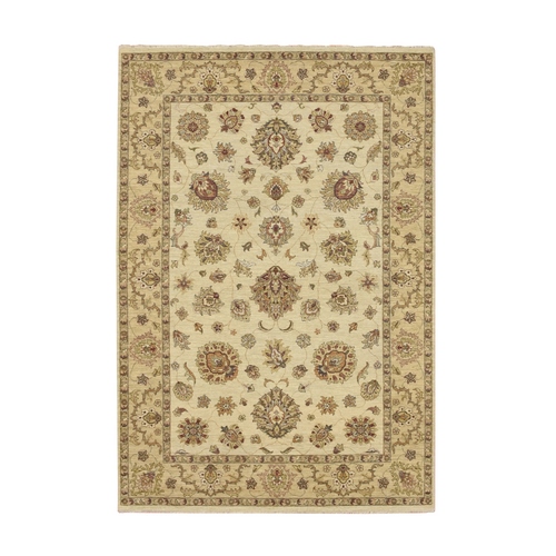 Linen White, Pure Wool, Agra with Ziegler Design, Colorful Leaf Pattern, Zero Pile, Hand Knotted, Oriental 