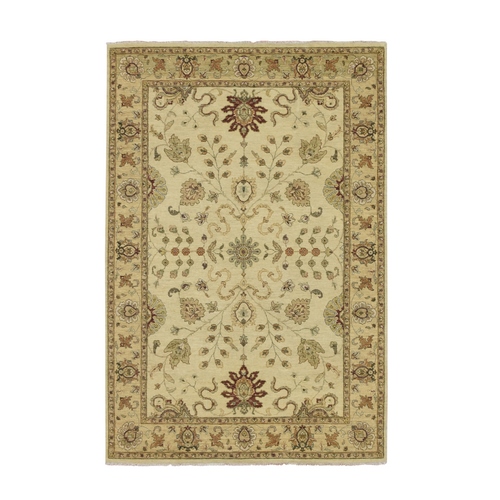 Bone White, Agra with Ziegler Design, Colorful Leaf Pattern, Hand Knotted, 100% Wool, Zero Pile, Oriental 