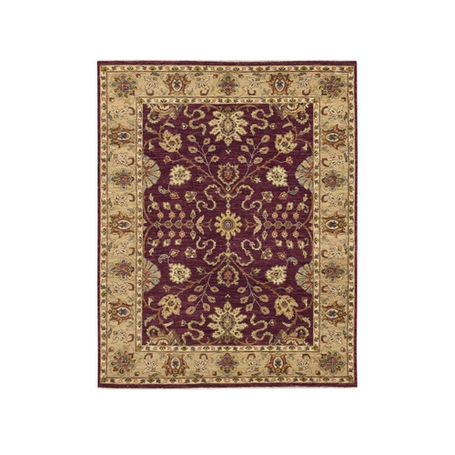 Burgundy Red, Agra with Ziegler Design, Colorful Leaf Pattern, Hand Knotted, Pure Wool, Zero Pile, Oriental 