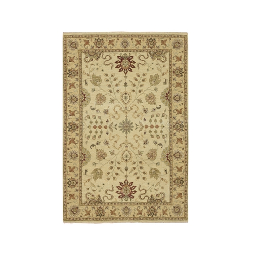 Parchment White, Hand Knotted, Agra with Ziegler Design, All Over Leaf Pattern, Pure Wool, Zero Pile, Oriental 