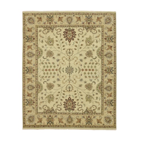 Bone White, Hand Knotted, All Over Leaf Pattern, Agra with Ziegler Design, Zero Pile, Pure Wool, Oriental 