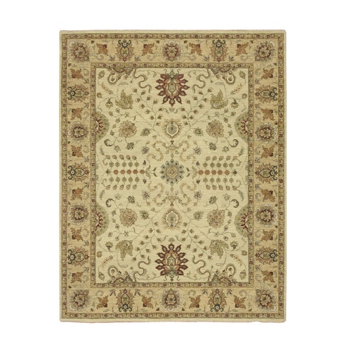 Linen White, Hand Knotted, Agra with Ziegler Design, All Over Leaf Pattern, 100% Wool, Zero Pile, Oriental 