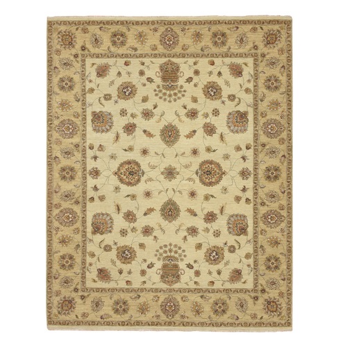 Linen White, Hand Knotted, Agra with Ziegler Design, All Over Leaf Pattern, Zero Pile, Pure Wool, Oriental 