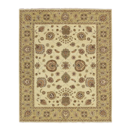 Bone White, Agra with Ziegler Design, All Over Leaf Pattern, Zero Pile, Hand Knotted, Pure Wool, Oriental 