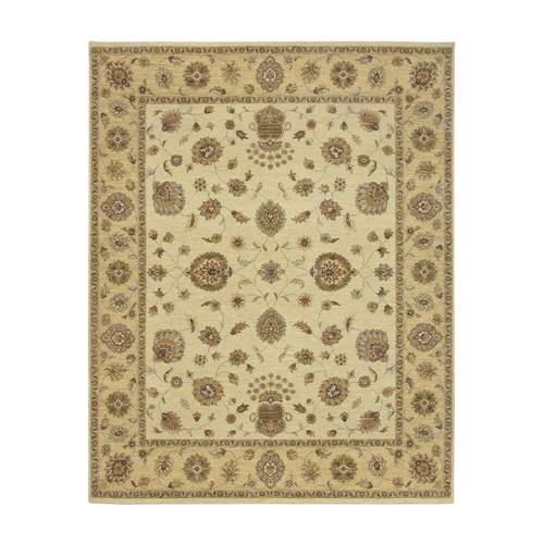 Linen White, Hand Knotted, Agra with Ziegler Design, All Over Leaf Pattern, Pure Wool, Zero Pile, Oriental 