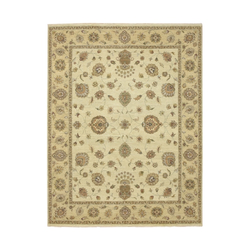 Bone White, Hand Knotted, Agra with Ziegler Design, All Over Leaf Pattern, Pure Wool, Zero Pile, Oriental 