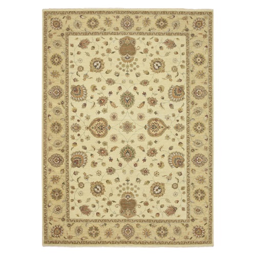 Linen White, Hand Knotted, Agra with Ziegler Design, All Over Leaf Pattern, 100% Wool, Zero Pile, Oriental 