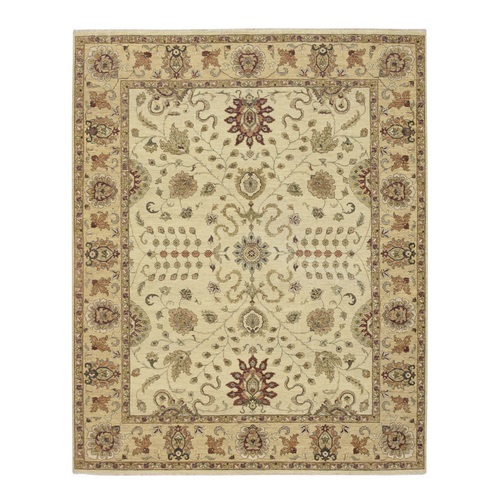 Parchment White, Agra with Ziegler Design, All Over Leaf Pattern, Hand Knotted, 100% Wool, Zero Pile, Oriental 
