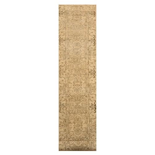 Khaki Brown, Agra Medallion Design, Zero Pile, Distressed, Shaved Low, Hand Knotted, 100% Wool, XL Runner, Oriental 