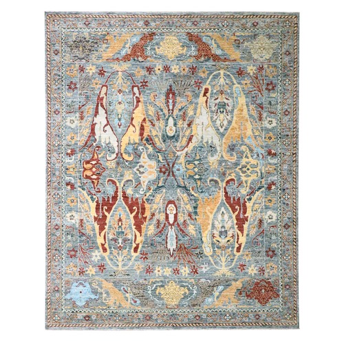 Neutral Gray, Bijar Garus Design with Pastel Colors, Thick and Plush, Hand Knotted, Pure Wool, Oriental 