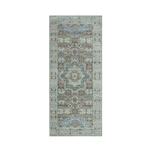 Pistachio Green, Pre Historic 14th Century Influence, Mamluk Design, Natural Dyes, Hand Knotted, Pure Wool, Runner, Oriental 