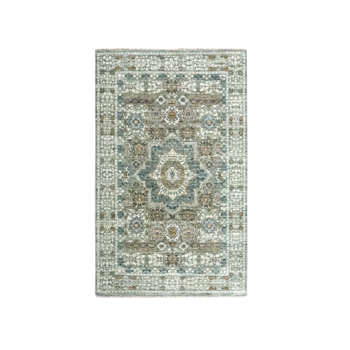 Pistachio Green, Hand Knotted, Pure Wool, Pre Historic 14th Century Influence, Mamluk Design, Natural Dyes, Oriental 