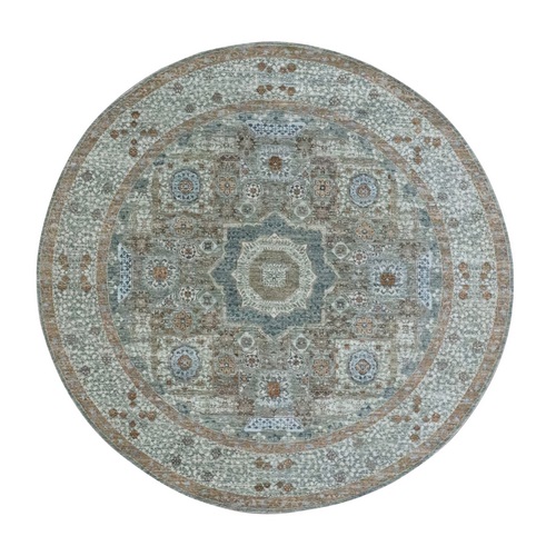 Pistachio Green, Hand Knotted, Pre Historic 14th Century Influence, Mamluk Design, Natural Dyes, Pure Wool, Round, Oriental 