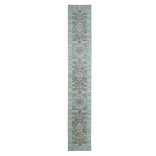 Pistachio Green, Hand Knotted, Pre Historic 14th Century Influence, Mamluk Design, Natural Dyes, Pure Wool, XL Runner, Oriental 