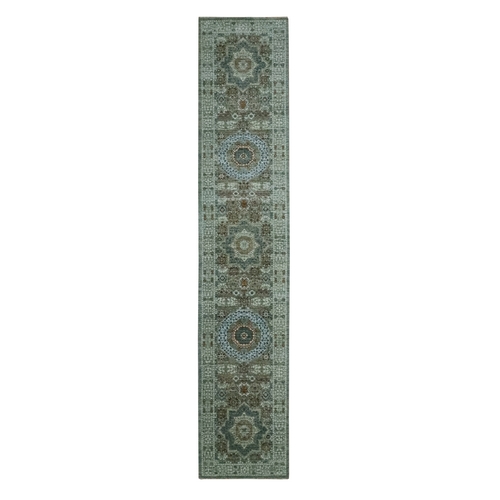 Pistachio Green, Natural Dyes, Pre Historic 14th Century Influence, Mamluk Design, Pure Wool, Hand Knotted, Runner, Oriental 