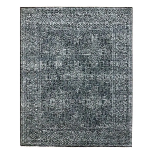Charcoal Black, Tone on Tone, Wool and Silk with Intricate Star Design, Hand Knotted, Oriental 