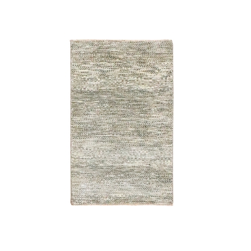 Beige, Modern Grass Design, Hand Knotted, Undyed Natural Wool, Tone on Tone, Mat, Sample, Oriental 