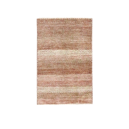 Beige-Red, Modern Grass Design, Tone on Tone, Wool and Silk, Hand Knotted, Mat, Sample, Oriental 