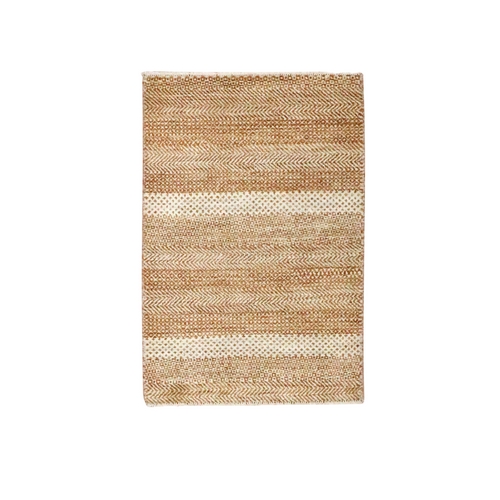 Beige-Rust, Tone on Tone, Modern Grass Design, Hand Knotted, Wool and Silk, Mat, Sample, Oriental 