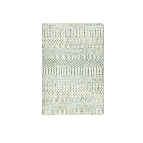Gray-Beige, Tone on Tone, Modern Grass Design, Hand Knotted, Wool with touch of Silk, Lush and Plush, Sample, Mat, Oriental 
