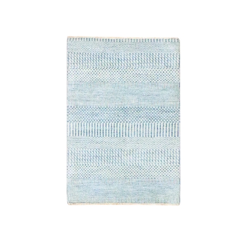 Light Blue, Modern Grass Design, Hand Knotted, Wool with touch of Silk, Tone on Tone, Lush and Plush, Mat, Sample, Oriental 