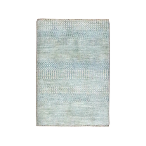 Beige-Blue, Tone on Tone, Modern Grass Design, Hand Knotted, Wool with touch of Silk, Lush and Plush, Sample, Mat, Oriental 