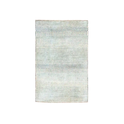 Ivory-Gray, Hand Knotted, Modern Grass Design, Wool with touch of Silk, Tone on Tone, Lush and Plush, Sample, Mat, Oriental 