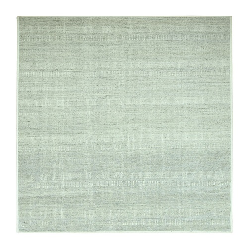 Medium Gray, Distressed and Oxidized Grass Design with Exposed Warps, Pure Wool, Hand Knotted, Square, Oriental 