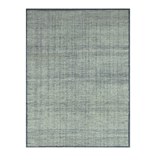Astros Navy Blue with Ivory, Hand Knotted, Distressed and Oxidized Grass Design, Organic Wool, Oriental 