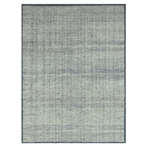 Imperial Blue with Ivory, Hand Knotted, Organic Wool, Oxidized Grass Design with Exposed Warps, Distressed, Oriental 