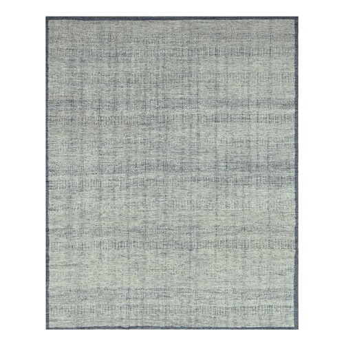Imperial Blue with Ivory, Oxidized and Distressed Grass Design with Exposed Warps, Hand Knotted, Natural Wool, Oriental 