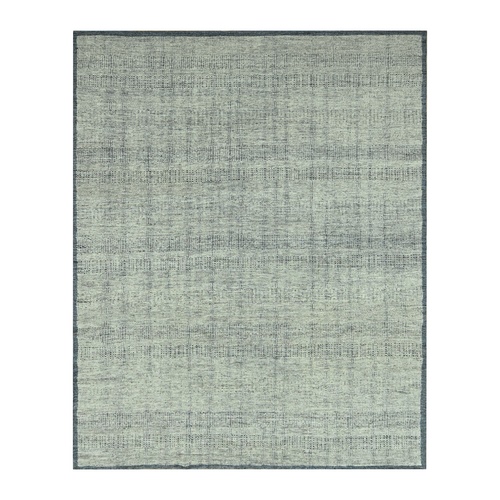 Imperial Blue with Ivory, Oxidized and Distressed Grass Design with Exposed Warps, Pure Wool, Hand Knotted, Oriental 