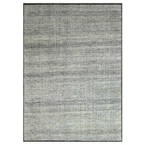 Caviar Black with Ivory, Hand Knotted, Organic Wool, Distressed, Oxidized Grass Design with Exposed Warps, Oriental 