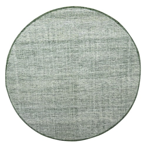 Basil Green, Pure Wool, Oxidized and Distressed Grass Design with Exposed Warps, Hand Knotted, Round, Oriental 