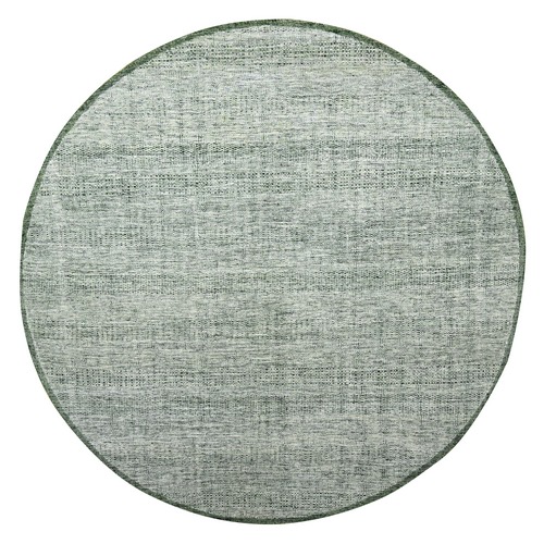 Basil Green, Oxidized and Distressed Grass Design with Exposed Warps, Hand Knotted, 100% Wool, Round, Oriental 