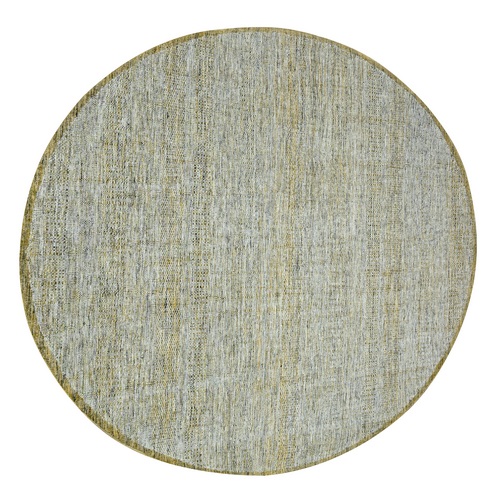 Golden Yellow, 100% Wool, Hand Knotted, Oxidized Grass Design, Distressed, Exposed Warps, Round, Oriental 