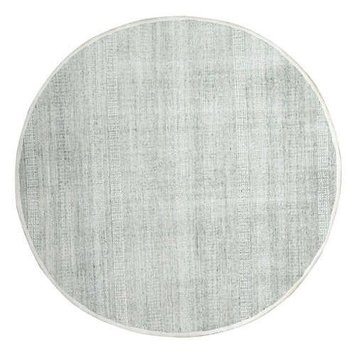 Misty Gray, Hand Knotted, Distressed and Oxidized Grass Design with Exposed Warps, Organic Wool, Round, Oriental 