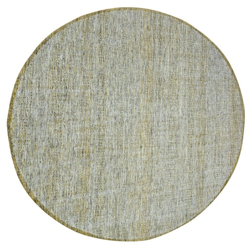 Golden Yellow, Pure Wool, Hand Knotted, Oxidized and Distressed Grass Design with Exposed Warps, Round, Oriental 