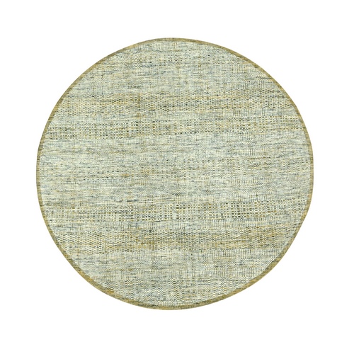 Golden Yellow, Oxidized and Distressed Grass Design with Exposed Warps, Hand Knotted, 100% Wool, Round, Oriental 