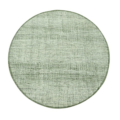 Basil Green with Ivory, Hand Knotted, Organic Wool, Oxidized and Distressed Grass Design with Exposed Warps, Round, Oriental 