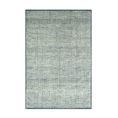Imperial Blue with Ivory, Oxidized and Distressed Grass Design with Exposed Warps, 100% Wool, Hand Knotted, Oriental 