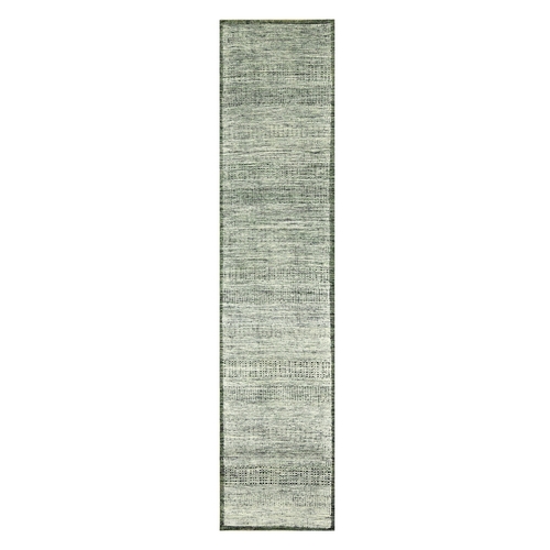Basil Green, 100% Wool, Oxidized and Distressed Grass Design with Exposed Warps, Hand Knotted, Runner, Oriental 