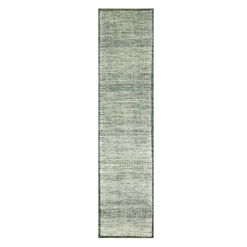 Basil Green, Distressed and Oxidized Grass Design with Exposed Warps, 100% Wool, Hand Knotted, Runner, Oriental 