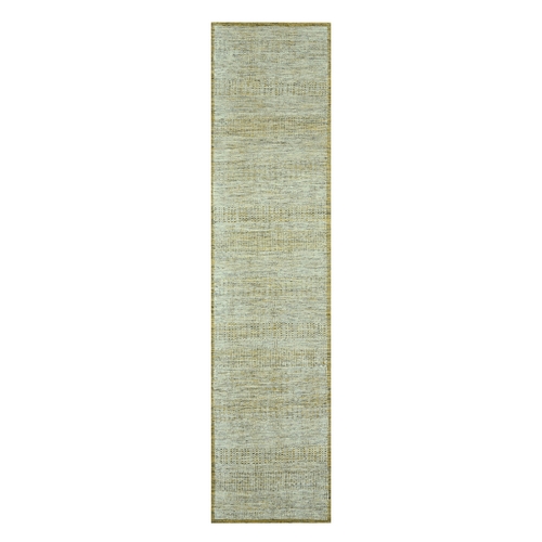 Golden Yellow, Distressed and Oxidized Grass Design with Exposed Warps, Hand Knotted, 100% Wool, Runner, Oriental Rug