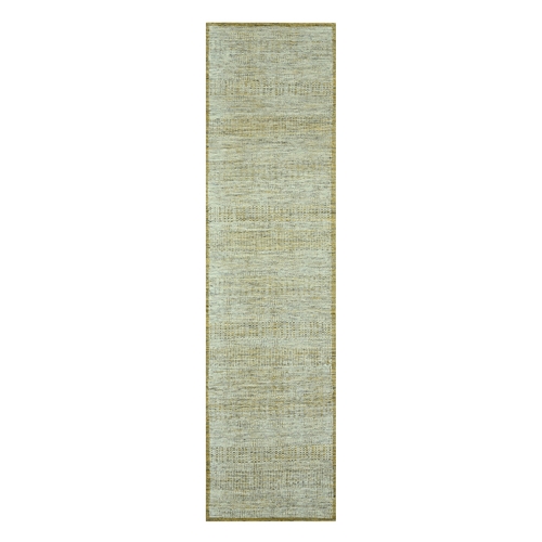 Golden Yellow, Oxidized and Distressed Grass Design with Exposed Warps, Natural Wool, Hand Knotted, Runner, Oriental Rug