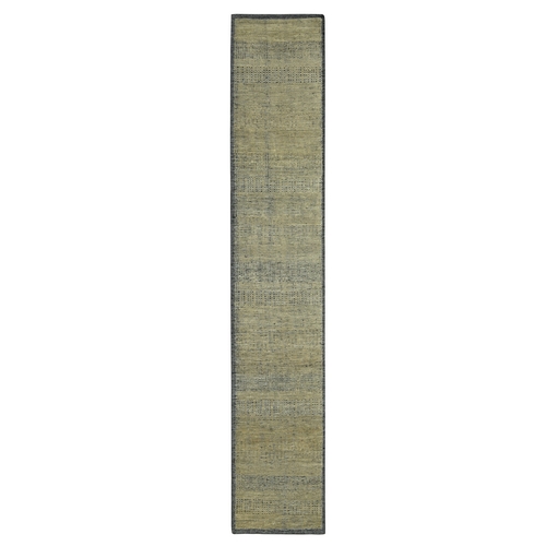 Bone Brown, 100% Wool, Hand Knotted, Oxidized and Distressed Grass Design with Exposed Warps, Runner, Oriental Rug