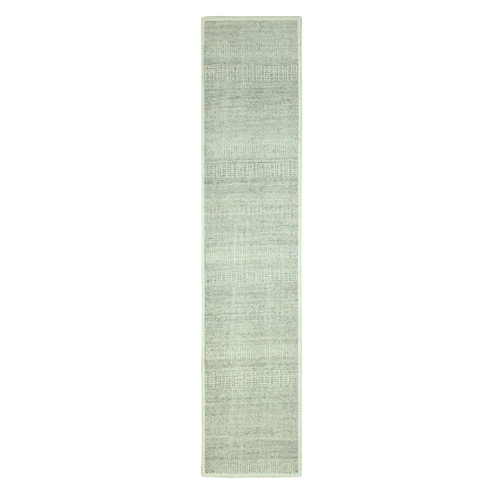 Medium Gray, Oxidized and Distressed Grass Design with Exposed Warps, Hand Knotted, Natural Wool, Runner, Oriental Rug