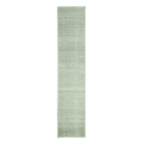 Misty Gray, Distressed and Oxidized Grass Design with Exposed Warps, Hand Knotted, 100% Wool, Runner, Oriental Rug