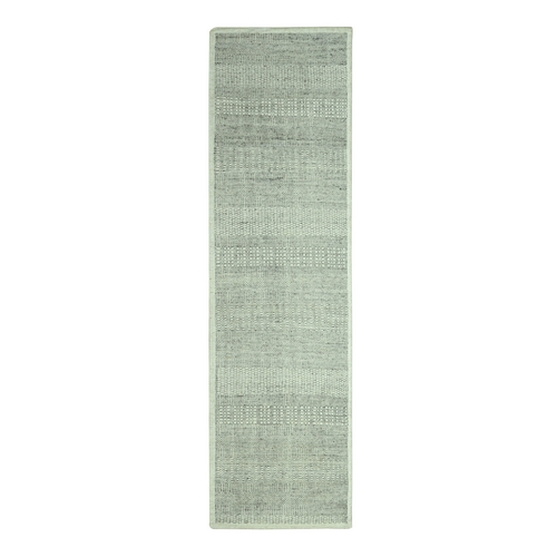 Medium Gray, Organic Wool, Oxidized and Distressed Grass Design with Exposed Warps, Hand Knotted, Runner, Oriental 