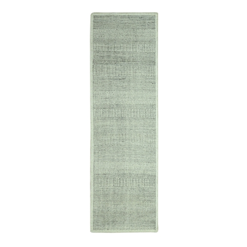Spanish Gray, Hand Knotted, Oxidized and Distressed Grass Design with Exposed Warps, Pure 100% Wool, Runner, Oriental Rug